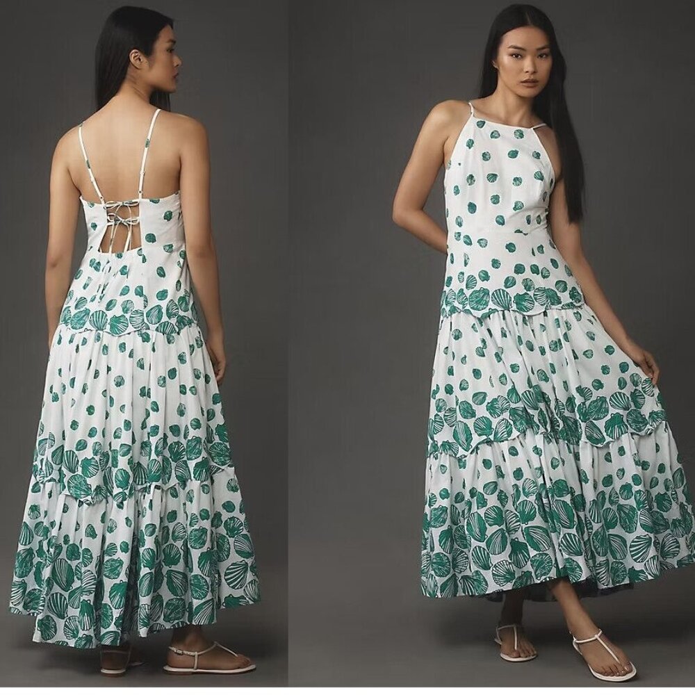 anthropologie Maeve Halter Tiered Maxi Dress XL white green new with tag nwt